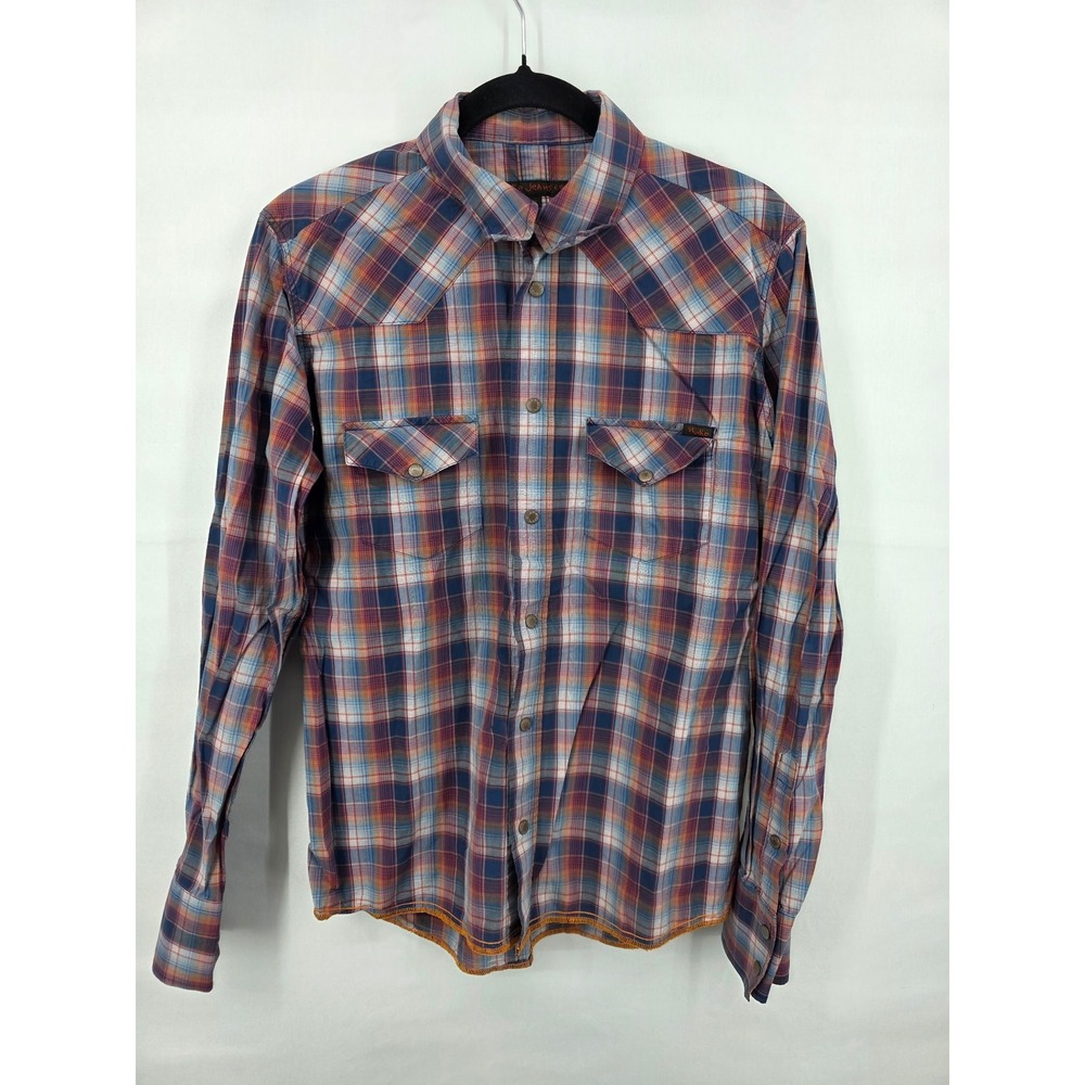 Nudie Jeans Co Mens Blue Orange Plaid Western Snap Shirt Mountain Embroidery M